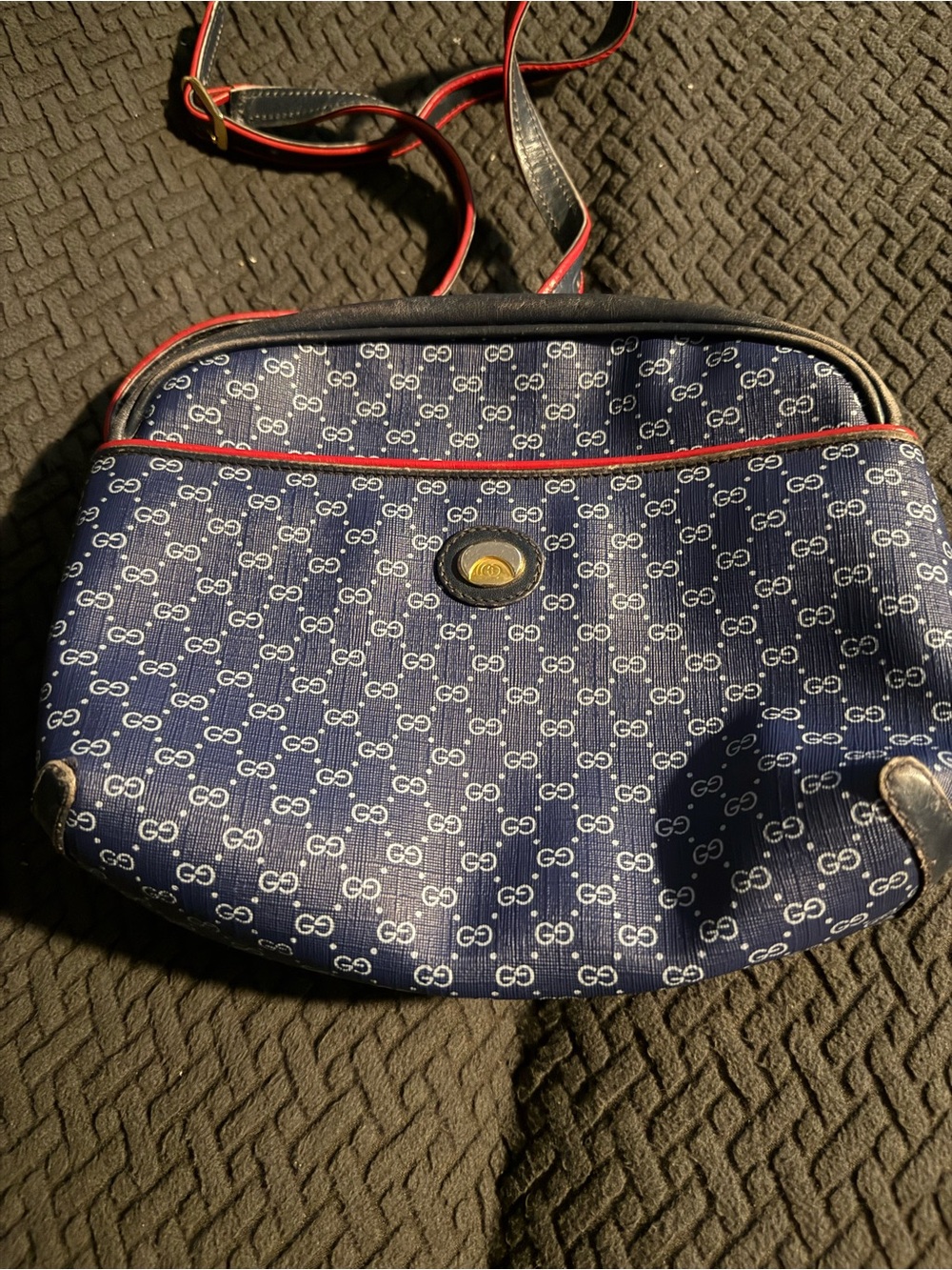 Gucci Navy GG Monogram Shoulder Bag with Red Trim